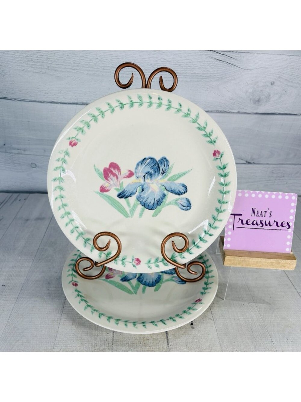 Tabletops Unlimited BOTANICA Pink Blue Iris Green Leaves Dinner Plates Set of 2